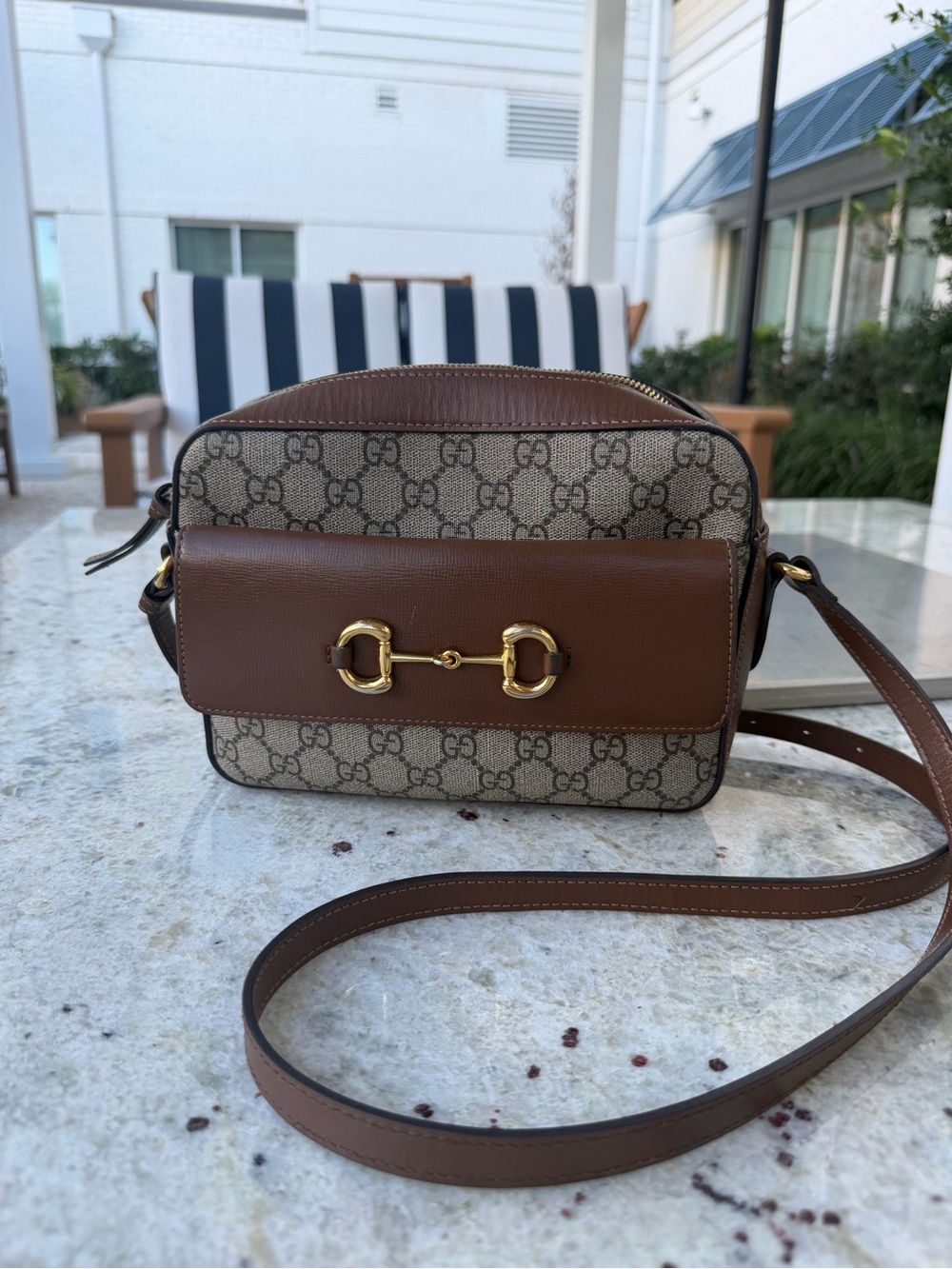 Gucci Brown GG Supreme Crossbody with Gold Horsebit